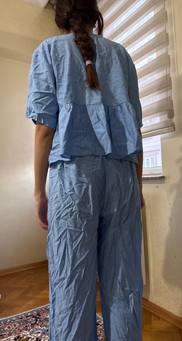 Mavi Keten Pilili Salaş Kadın Pantolon - Görsel 3