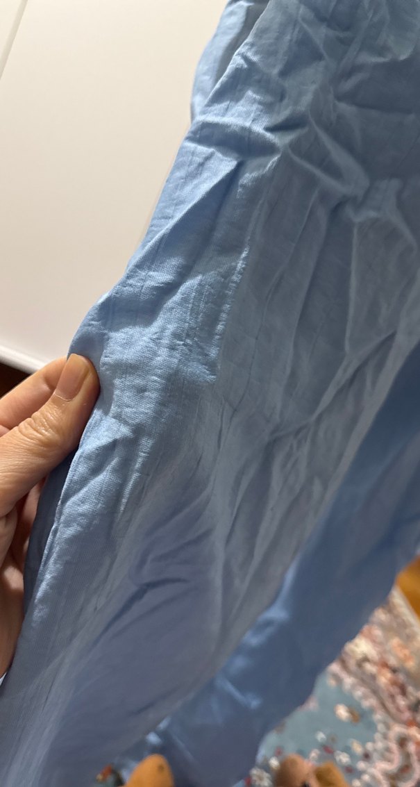 Mavi Keten Pilili Salaş Kadın Pantolon - Görsel 5