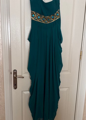 Nakışlı Turkuaz Uzun Bohem Abiye Elbise - Görsel 3