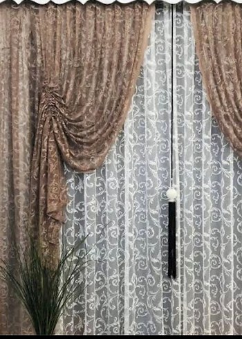 Kahverengi Nakışlı Modern fon Perde