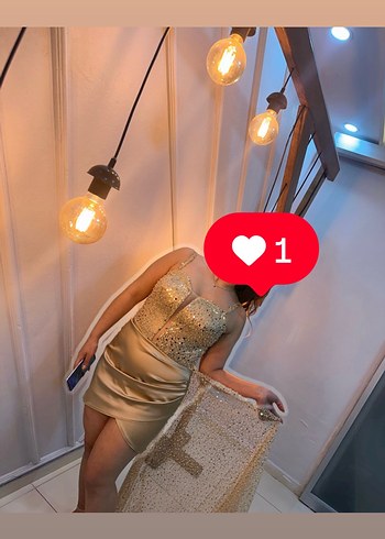 Altın Renkli askılı Midi Abiye Elbise