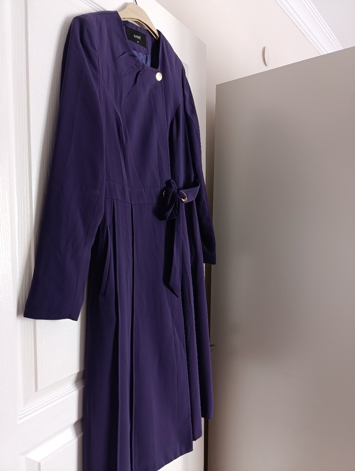 Kemerli Uzun Mor Kadın Klasik trenckot - Görsel 2