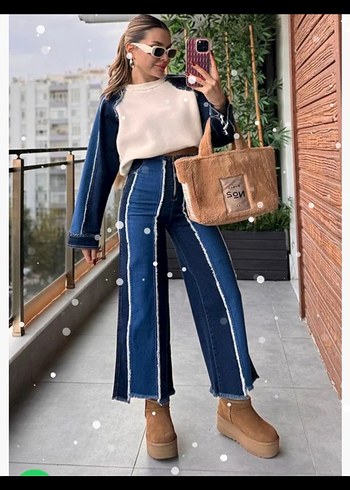 m Beden mavi Renk Mavi Batik Desenli Kadın Denim Takım