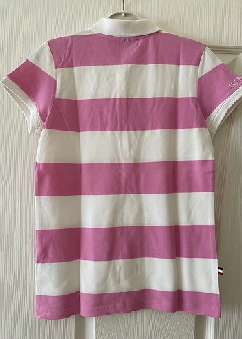 U.S Polo Assn. Düğmeli Pembe Beyaz Çizgili Kadın Tişört orijinal