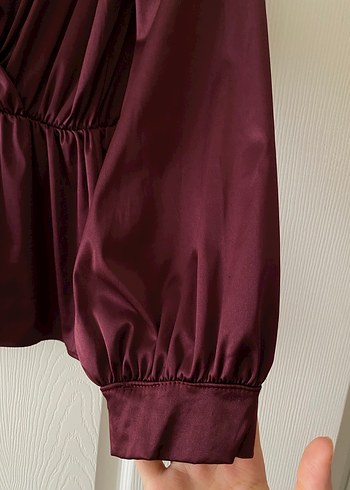 s Beden bordo Renk Bordo V Yakalı Drapeli Kadın Bluz