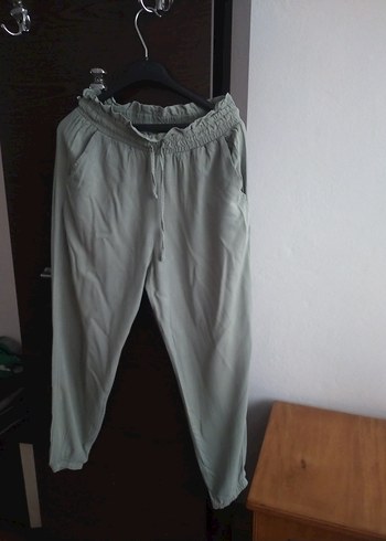 haki renk Rahat Kesim Keten Kadın Pantolon - Görsel 2