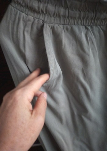 haki renk Rahat Kesim Keten Kadın Pantolon - Görsel 7