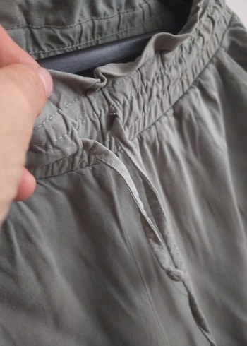 haki renk Rahat Kesim Keten Kadın Pantolon - Görsel 4