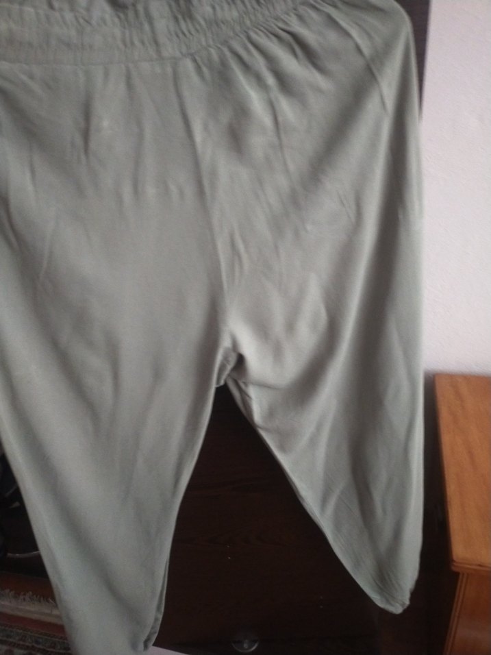 haki renk Rahat Kesim Keten Kadın Pantolon - Görsel 5