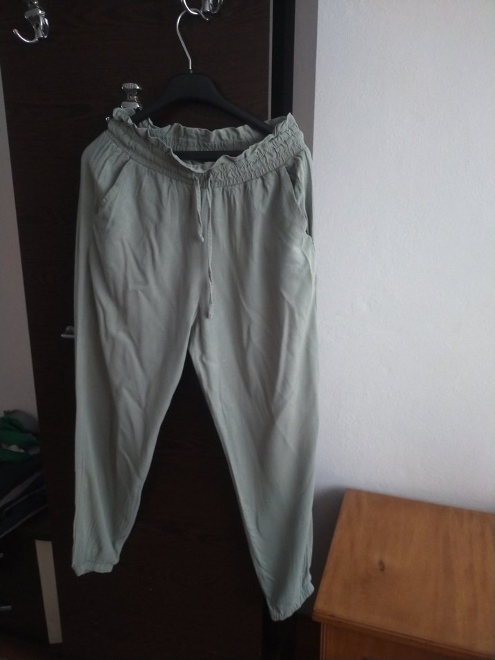 haki renk Rahat Kesim Keten Kadın Pantolon - Görsel 2