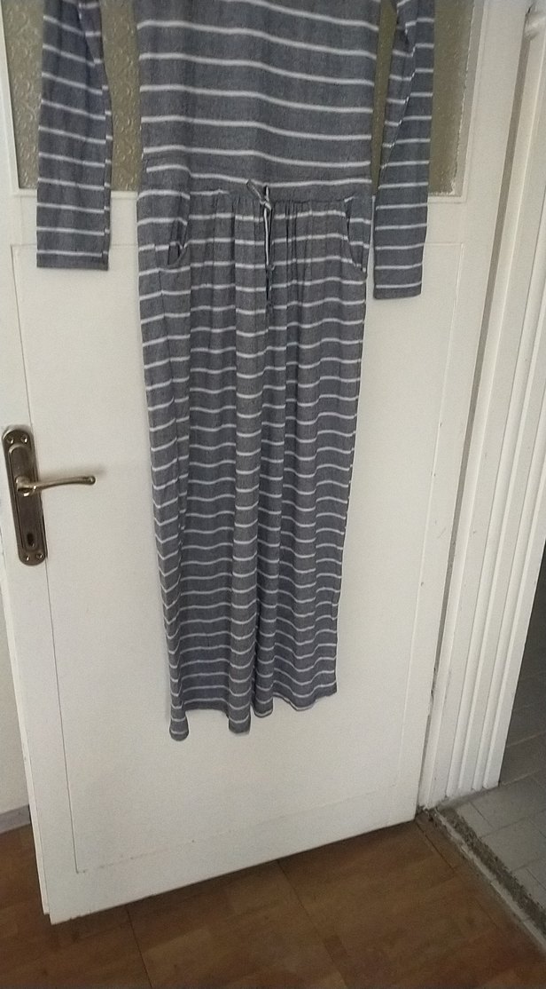 Gri Çizgili Uzun Kollu Kadın Elbise - Görsel 2