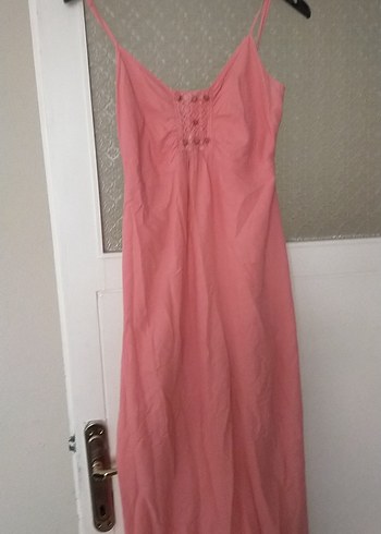 Pembe Keten Bohem askılı Uzun Elbise - Görsel 4