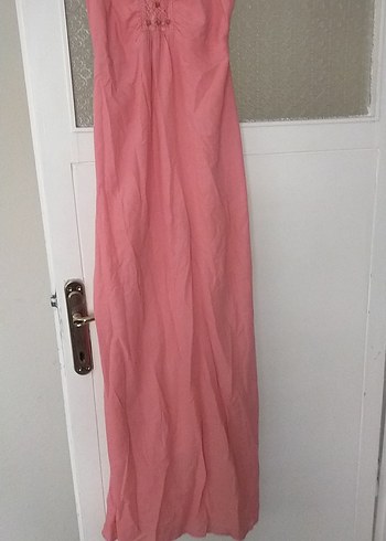 Pembe Keten Bohem askılı Uzun Elbise - Görsel 2