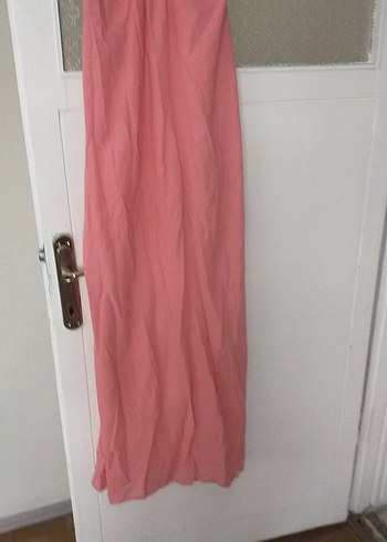 Pembe Keten Bohem askılı Uzun Elbise - Görsel 3