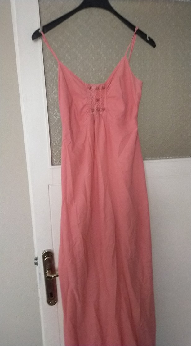 Pembe Keten Bohem askılı Uzun Elbise - Görsel 4