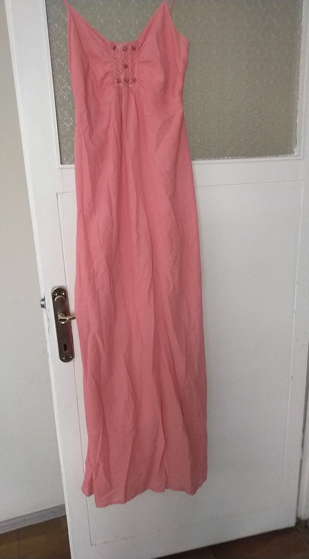 Pembe Keten Bohem askılı Uzun Elbise - Görsel 2