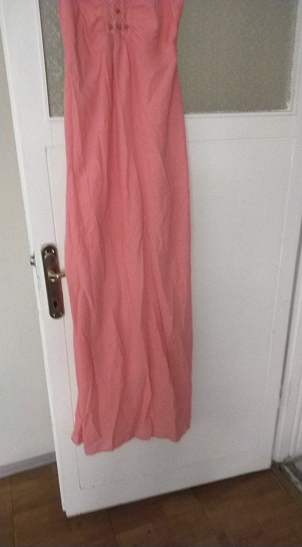 Pembe Keten Bohem askılı Uzun Elbise - Görsel 3