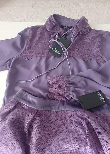 Dantel Detaylı Mor etek gömlek takım - Görsel 4