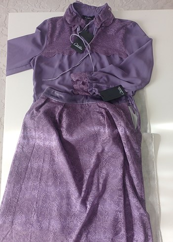 Dantel Detaylı Mor etek gömlek takım - Görsel 3