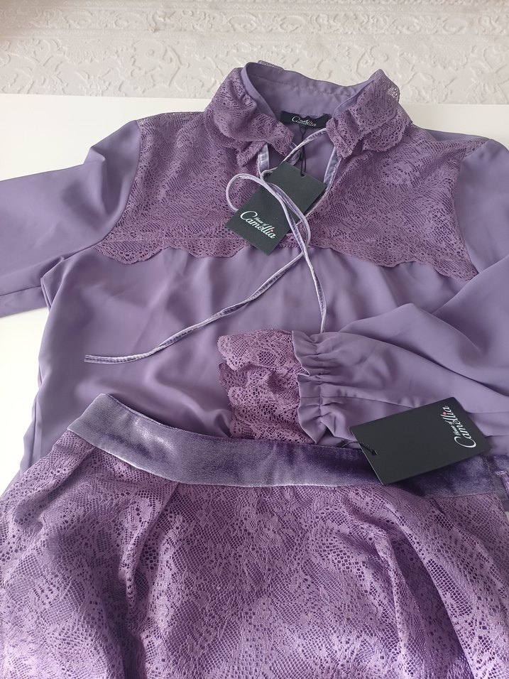 Dantel Detaylı Mor etek gömlek takım - Görsel 4