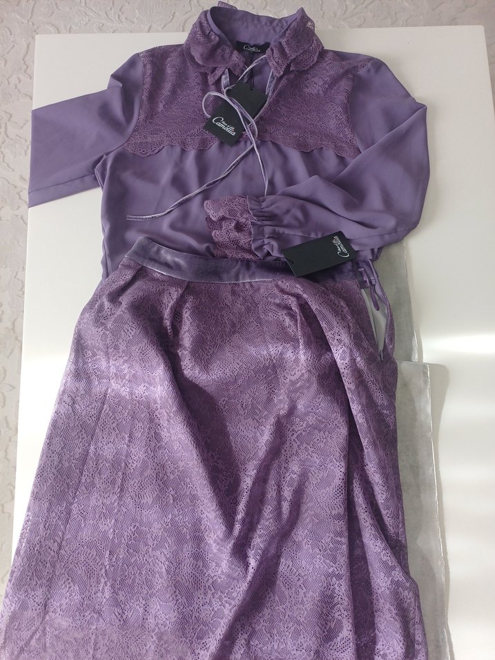 Dantel Detaylı Mor etek gömlek takım - Görsel 3