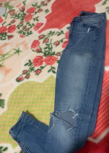 Düğmeli Bağlama Desenli Mavi Kadın Kot Pantolon - Görsel 3