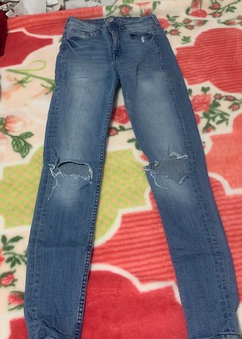 Düğmeli Bağlama Desenli Mavi Kadın Kot Pantolon - Görsel 2