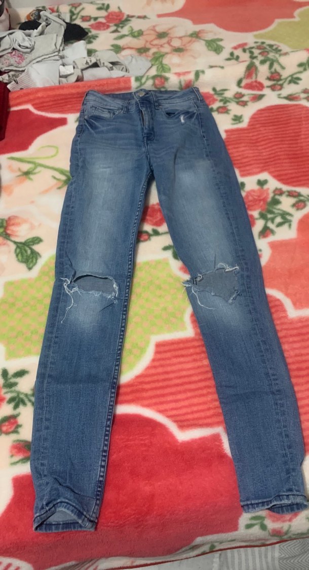 Düğmeli Bağlama Desenli Mavi Kadın Kot Pantolon - Görsel 2