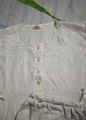 Beyaz Midi Vintage Kadın Pijama Takımı - Görsel 2