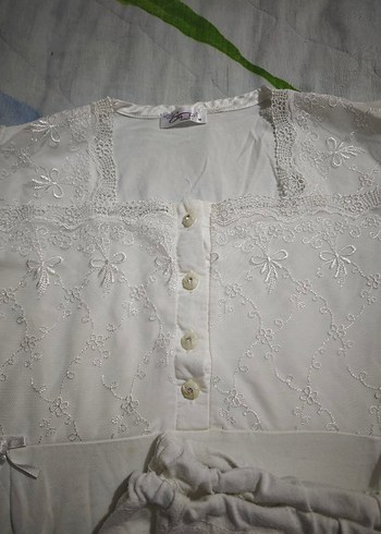 Beyaz Midi Vintage Kadın Pijama Takımı - Görsel 3