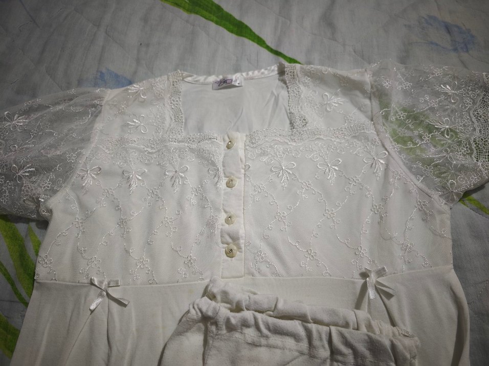 Beyaz Midi Vintage Kadın Pijama Takımı - Görsel 2