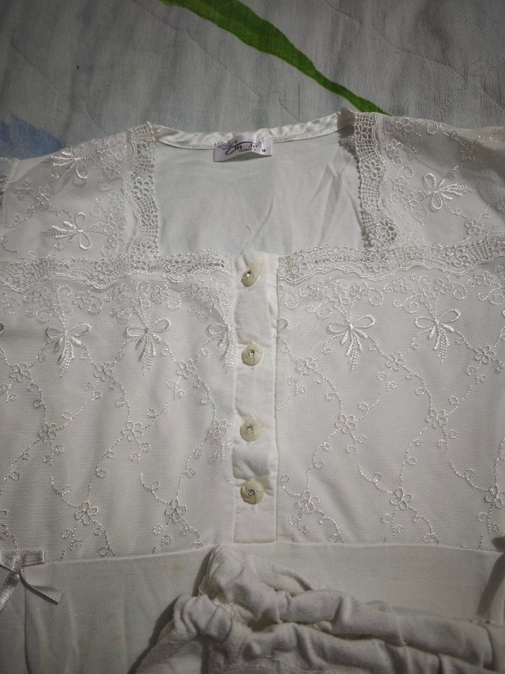 Beyaz Midi Vintage Kadın Pijama Takımı - Görsel 3