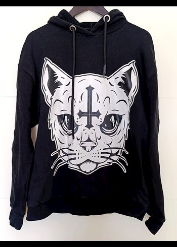 Kapüşonlu Uzun Kollu Siyah Goth Sweatshirt