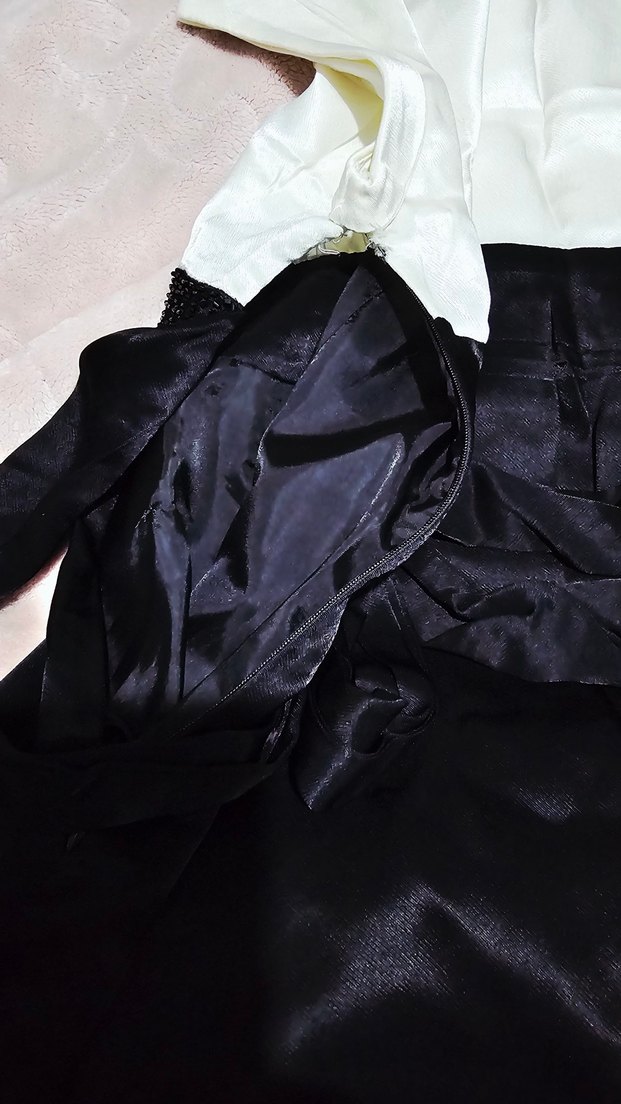 Beyaz-Siyah Midi Abiye Elbise - Görsel 5