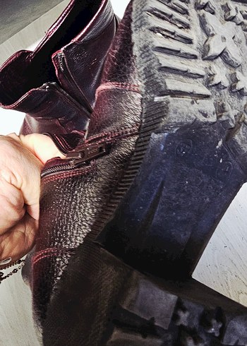 Bordo Deri Kadın Bot, Tokalı, Kalın Topuklu - Görsel 3