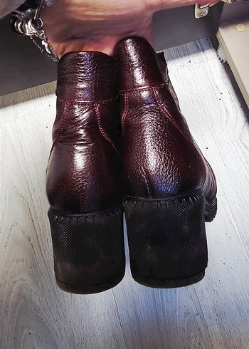 Bordo Deri Kadın Bot, Tokalı, Kalın Topuklu - Görsel 4