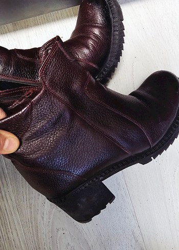 Bordo Deri Kadın Bot, Tokalı, Kalın Topuklu - Görsel 5