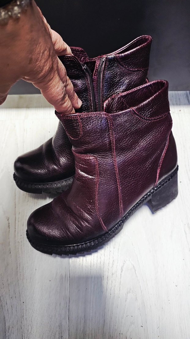 Bordo Deri Kadın Bot, Tokalı, Kalın Topuklu - Görsel 2