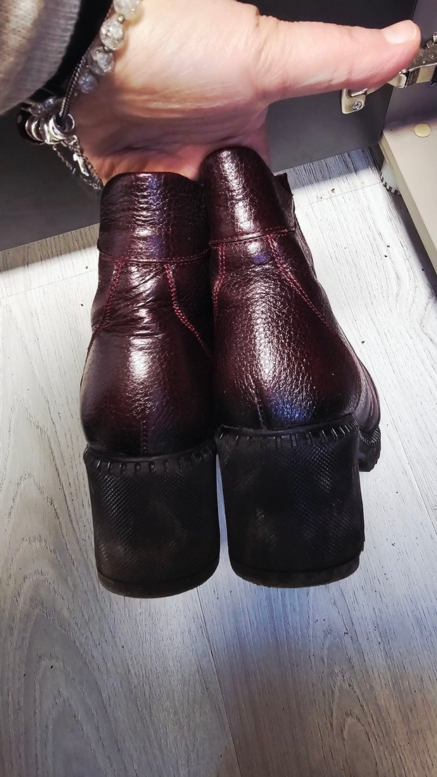 Bordo Deri Kadın Bot, Tokalı, Kalın Topuklu - Görsel 4