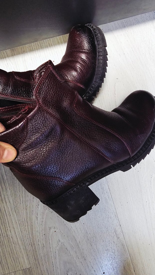 Bordo Deri Kadın Bot, Tokalı, Kalın Topuklu - Görsel 5