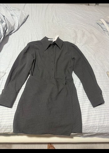 Gri Midi Kadın Ofis Elbisesi gömlek elbise - Görsel 2