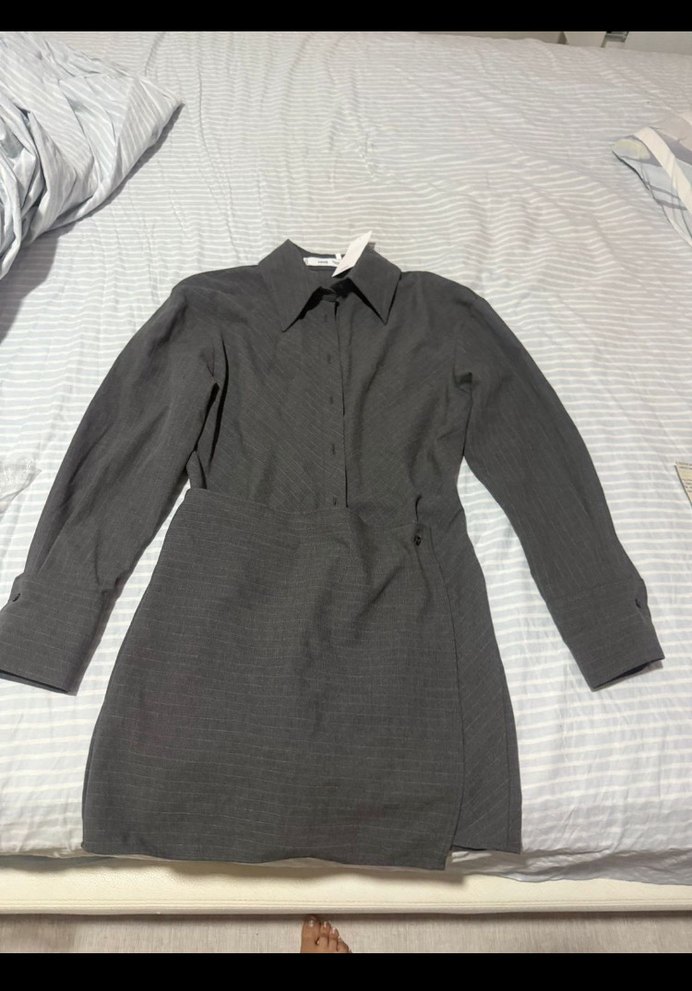 Gri Midi Kadın Ofis Elbisesi gömlek elbise - Görsel 2