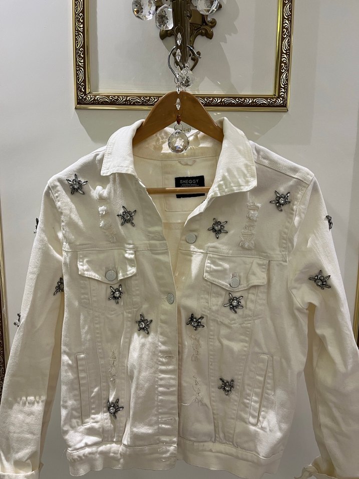 Beyaz Taşlı Kadın Kot Ceket - Görsel 3