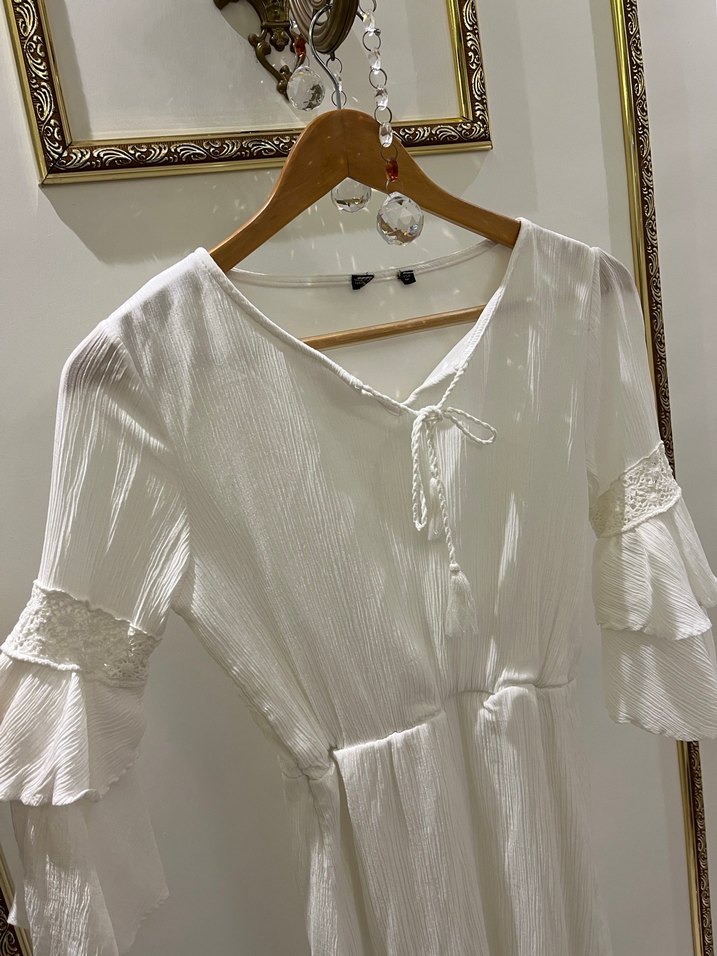 V Yaka Püsküllü Bohem Elbise - Görsel 4