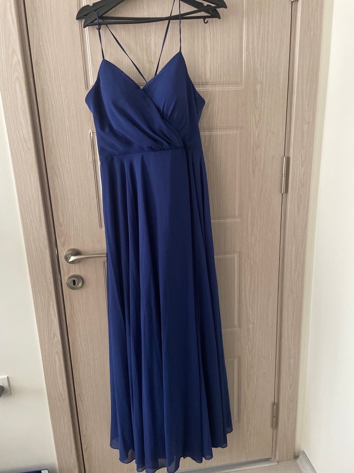 Kadın Lacivert Uzun V Yaka Drapeli Elbise - Görsel 2