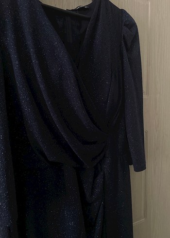 Lacivert Simli Drapeli Uzun Kollu Kadın Elbise - Görsel 2