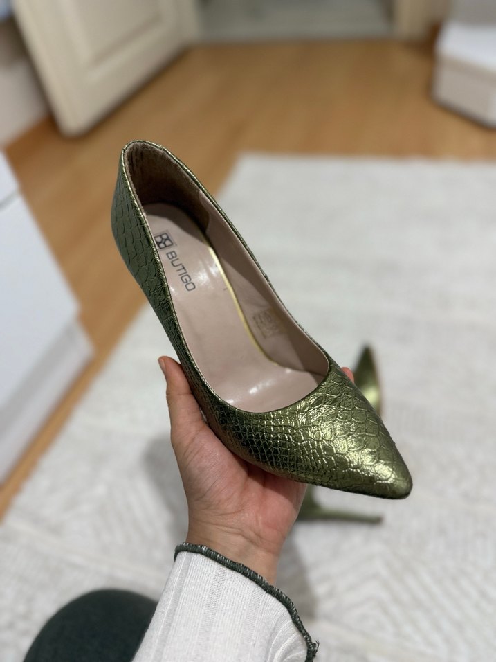 Parlak Yeşil Yılan Derisi Desenli Stiletto - Görsel 2