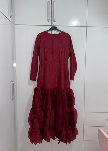 Bordo Uzun Kollu Yüksek Yakalı Uzun Elbise - Görsel 4