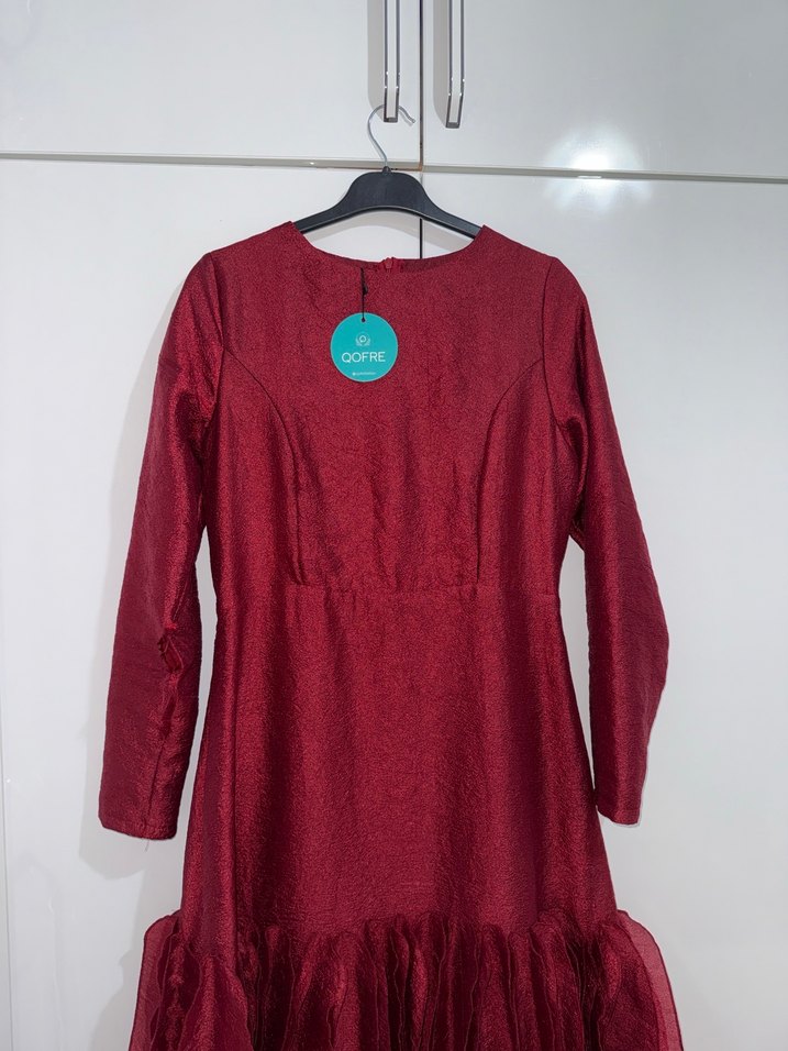 Bordo Uzun Kollu Yüksek Yakalı Uzun Elbise - Görsel 2