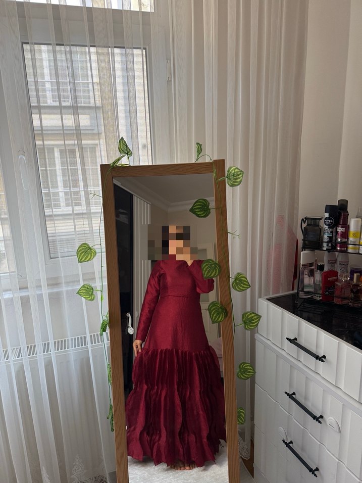 Bordo Uzun Kollu Yüksek Yakalı Uzun Elbise - Görsel 5